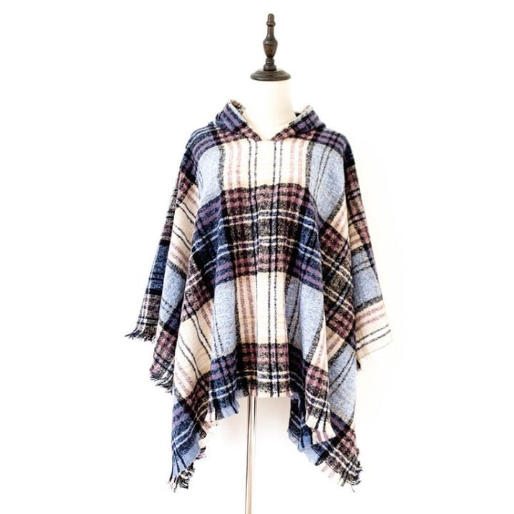 Spring Autumn Winter Checkered Pattern Hooded Cloak Shawl Scarf, 135cm