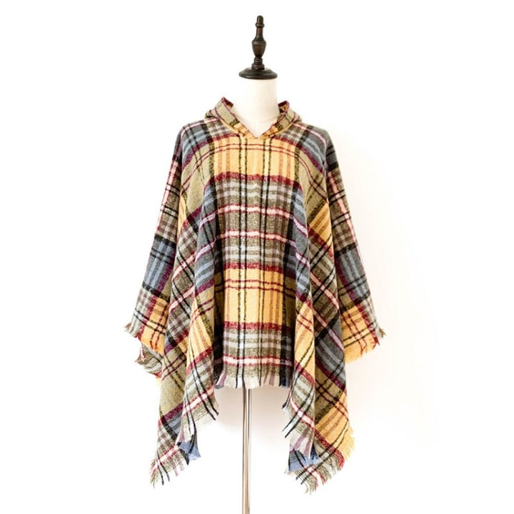 Spring Autumn Winter Checkered Pattern Hooded Cloak Shawl Scarf, 135cm