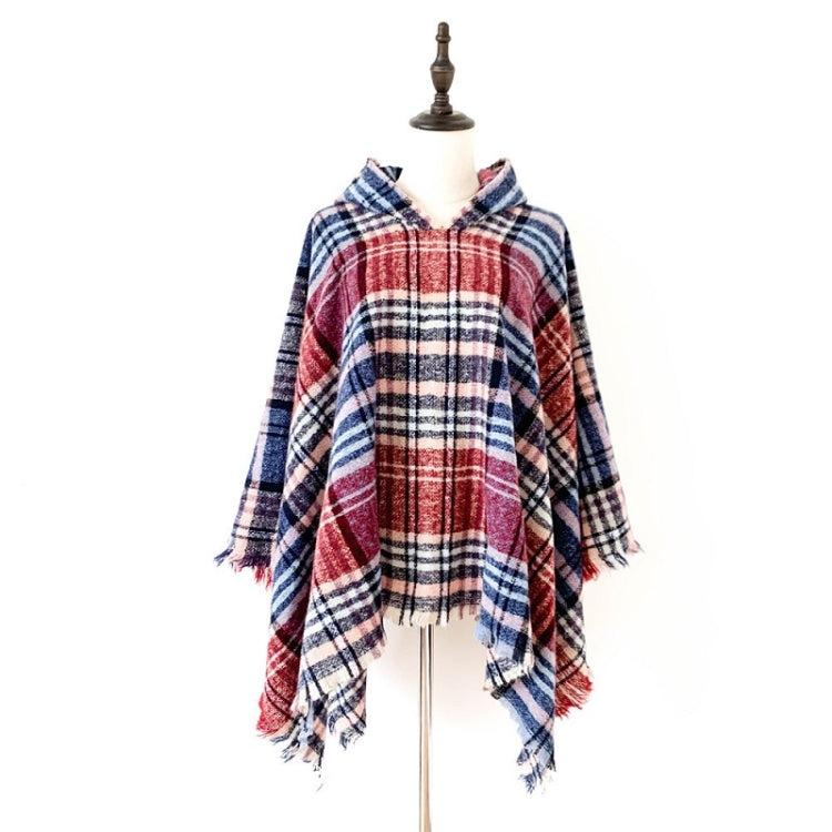 Spring Autumn Winter Checkered Pattern Hooded Cloak Shawl Scarf, 135cm