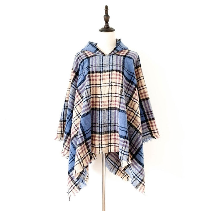 Spring Autumn Winter Checkered Pattern Hooded Cloak Shawl Scarf, 135cm