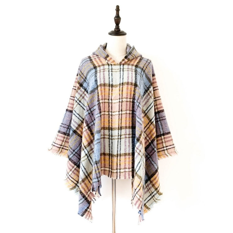 Spring Autumn Winter Checkered Pattern Hooded Cloak Shawl Scarf, 135cm