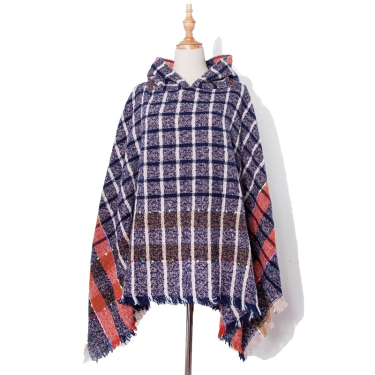 Spring Autumn Winter Checkered Pattern Hooded Cloak Shawl Scarf, 135cm