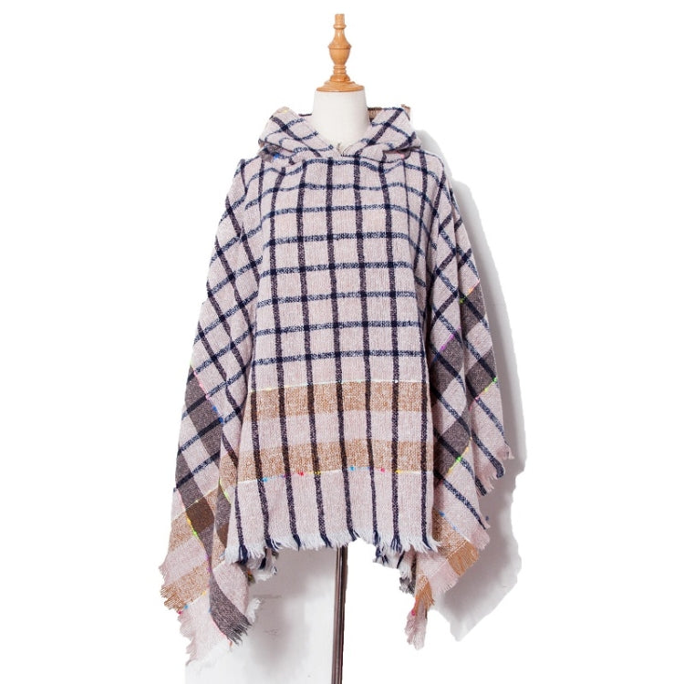 Spring Autumn Winter Checkered Pattern Hooded Cloak Shawl Scarf, 135cm