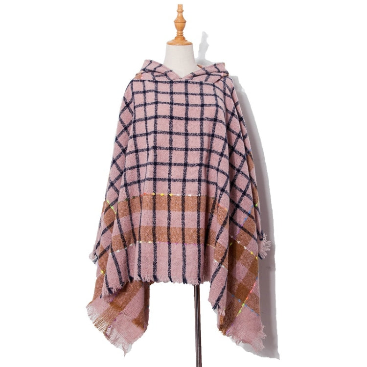 Spring Autumn Winter Checkered Pattern Hooded Cloak Shawl Scarf, 135cm