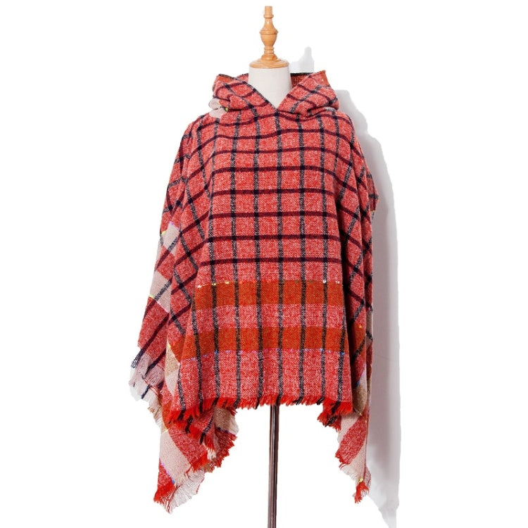 Spring Autumn Winter Checkered Pattern Hooded Cloak Shawl Scarf, 135cm