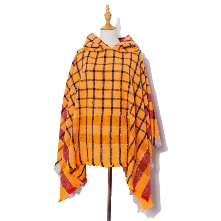 Spring Autumn Winter Checkered Pattern Hooded Cloak Shawl Scarf, 135cm