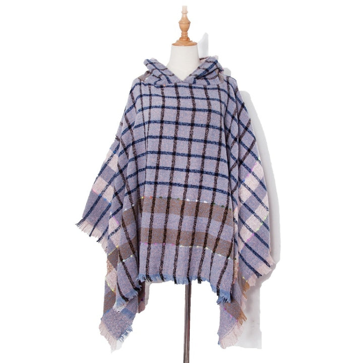 Spring Autumn Winter Checkered Pattern Hooded Cloak Shawl Scarf, 135cm