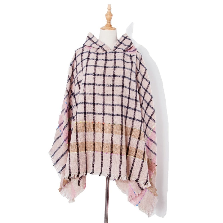 Spring Autumn Winter Checkered Pattern Hooded Cloak Shawl Scarf, 135cm