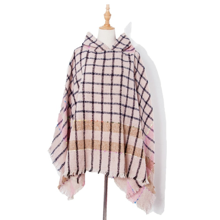 Spring Autumn Winter Checkered Pattern Hooded Cloak Shawl Scarf, 135cm