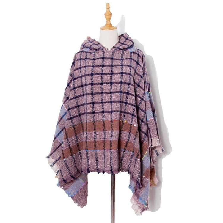 Spring Autumn Winter Checkered Pattern Hooded Cloak Shawl Scarf, 135cm