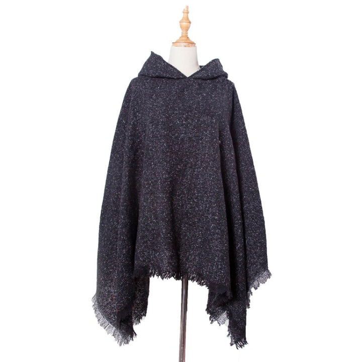 Spring Autumn Winter Checkered Pattern Hooded Cloak Shawl Scarf, 135cm