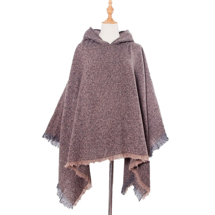 Spring Autumn Winter Checkered Pattern Hooded Cloak Shawl Scarf, 135cm