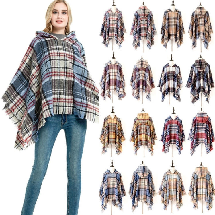 Spring Autumn Winter Checkered Pattern Hooded Cloak Shawl Scarf, 135cm