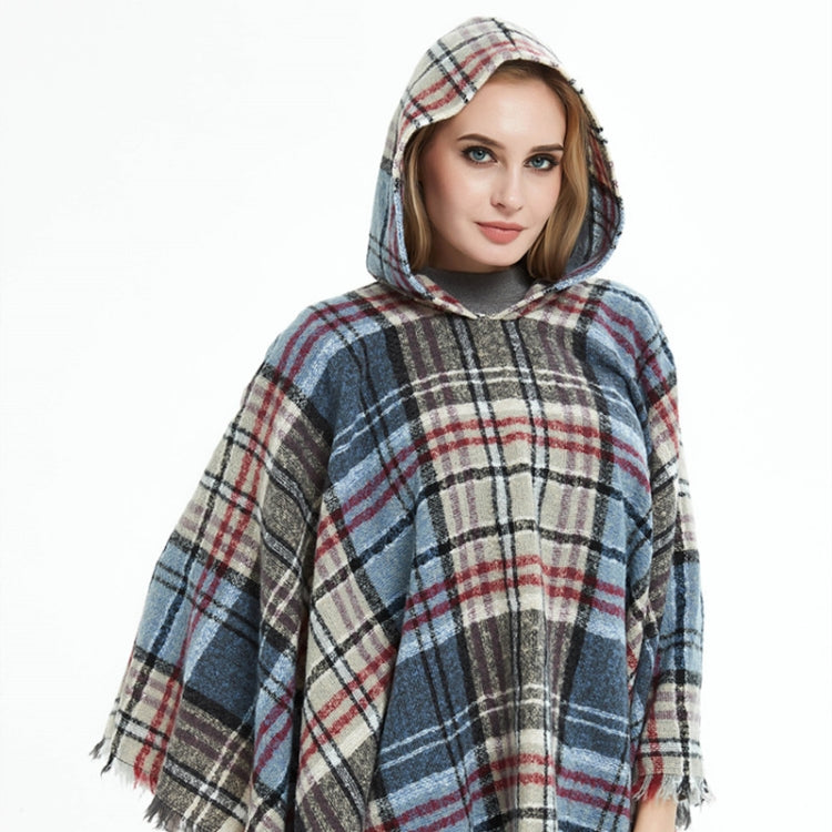 Spring Autumn Winter Checkered Pattern Hooded Cloak Shawl Scarf, 135cm