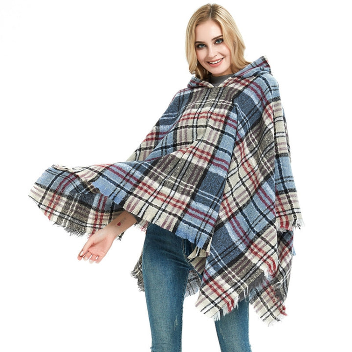 Spring Autumn Winter Checkered Pattern Hooded Cloak Shawl Scarf, 135cm