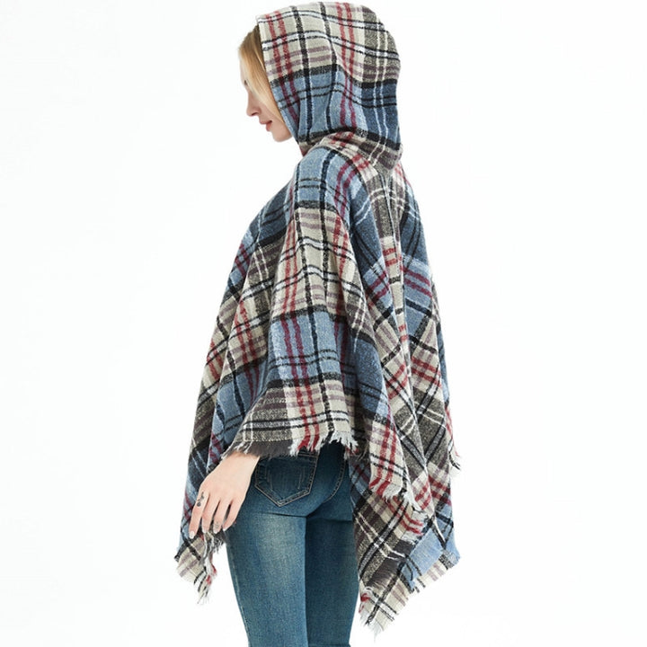 Spring Autumn Winter Checkered Pattern Hooded Cloak Shawl Scarf, 135cm