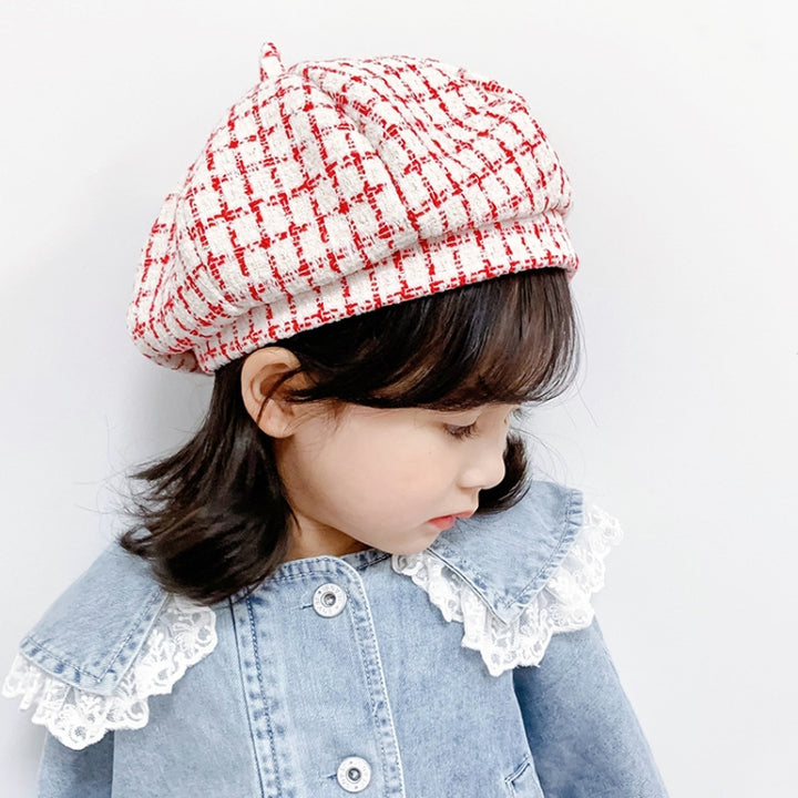 MZ9676 Girls Plaid Beret Spring And Autumn Children Hat, 48-50cm