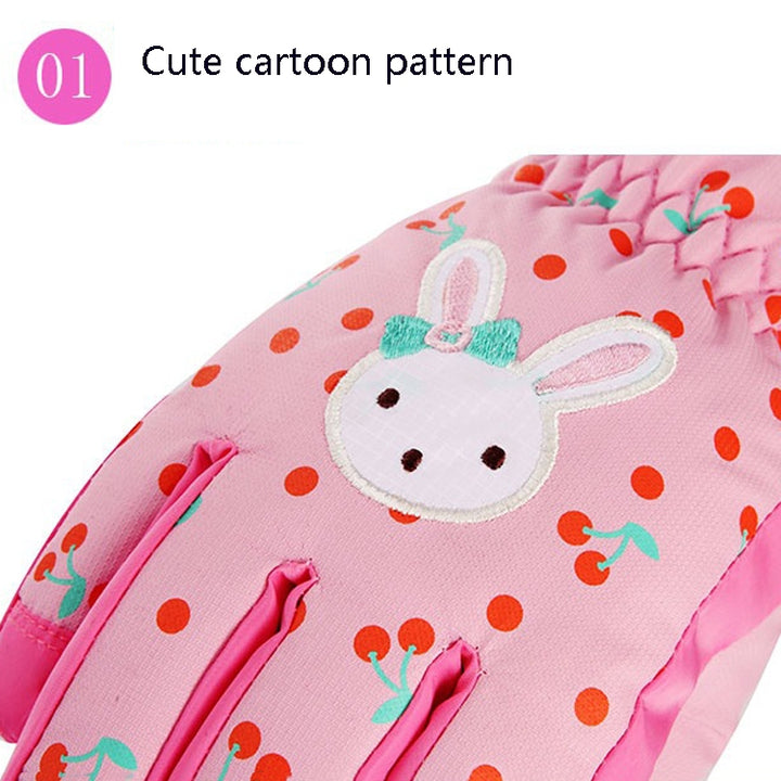 Cartoon Bow Rabbit Pattern Children Ski Gloves Windproof Waterproof Warm Cotton Gloves, Red, Pink