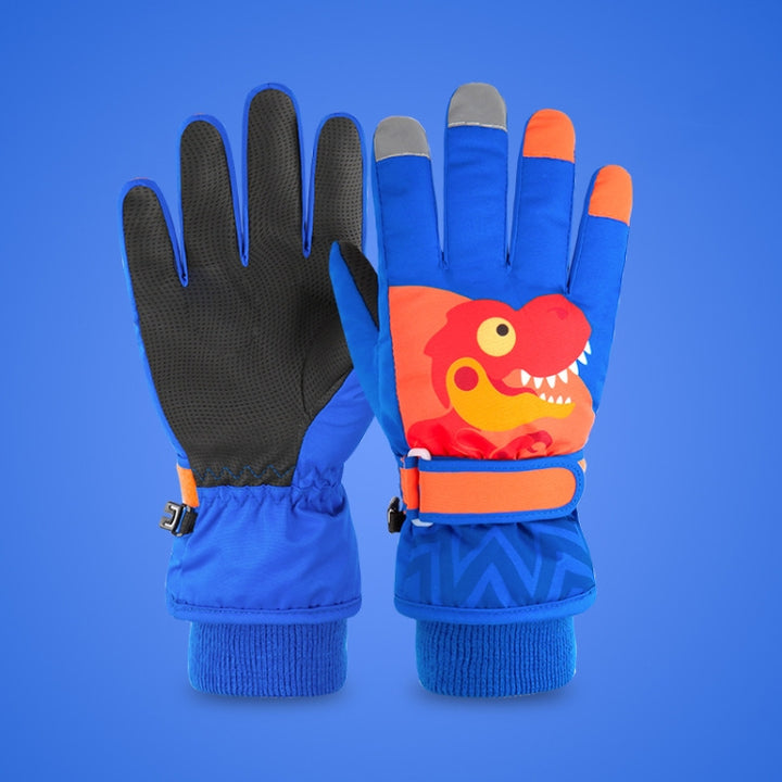 2020KL Cartoon Dinosaur Pattern Children Anti-Slip And Waterproof Ski Gloves Windproof and Warm Gloves for Cycling Sports, Navy Blue, Royal Blue