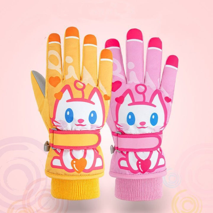 Cartoon Cat Pattern Girls Cute Cotton Gloves Children Ski Windproof and Warm Gloves Non-Slip and Waterproof Riding Gloves, XS, S, M, L