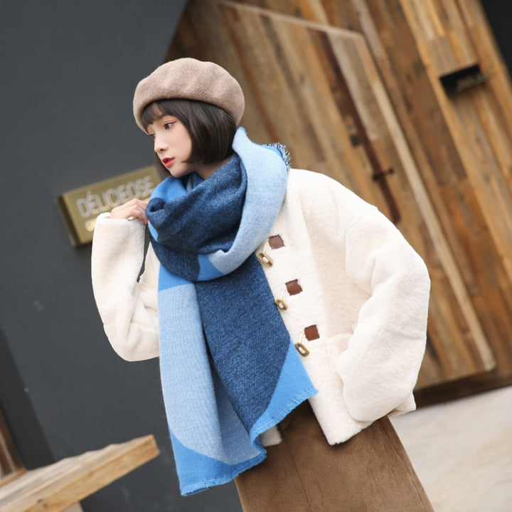 Y70 Geometric Color Matching Cashmere Thick Warmth Dual-Use Scarf Shawl