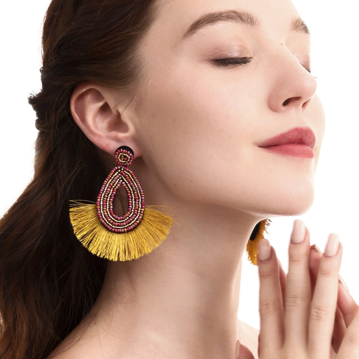 Bohemian Tassel Earrings Female Ethnic Style Rice Bead Earrings, Red, Camel, Yellow, Green, Black