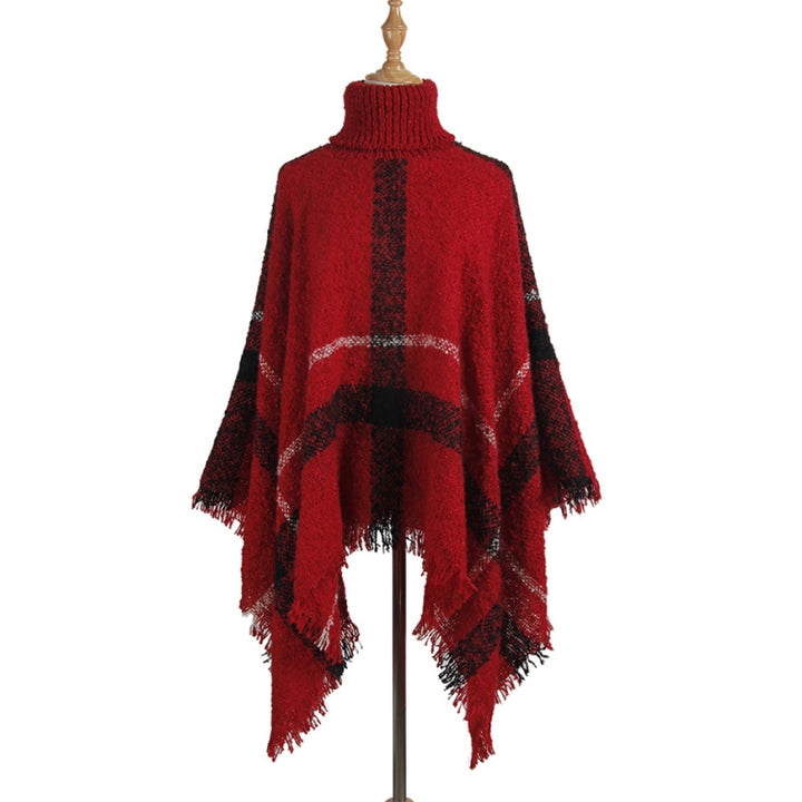 Women Mid-Length Turtleneck Sweater Fringed Cloak Shawl, Free Size