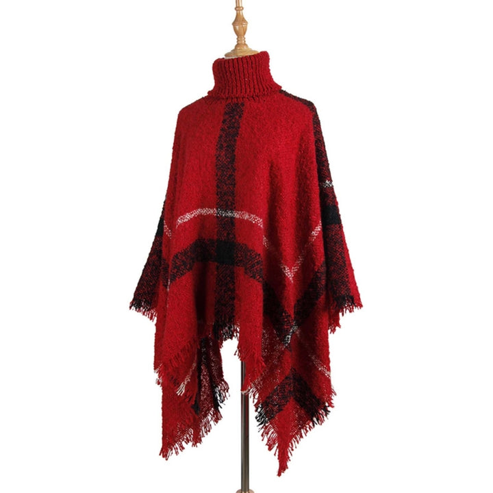 Women Mid-Length Turtleneck Sweater Fringed Cloak Shawl, Free Size