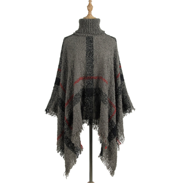 Women Mid-Length Turtleneck Sweater Fringed Cloak Shawl, Free Size