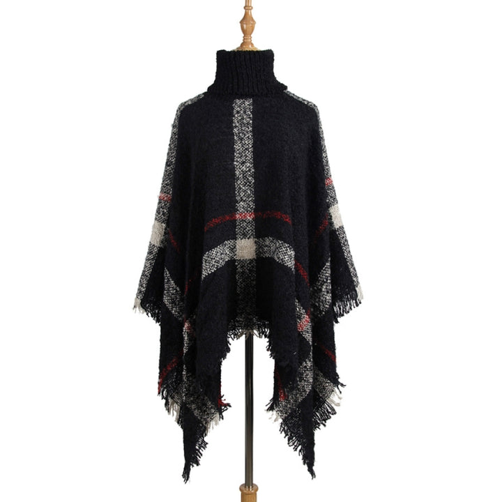 Women Mid-Length Turtleneck Sweater Fringed Cloak Shawl, Free Size