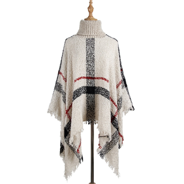 Women Mid-Length Turtleneck Sweater Fringed Cloak Shawl, Free Size