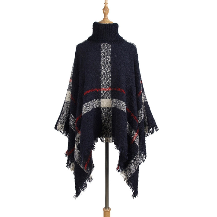 Women Mid-Length Turtleneck Sweater Fringed Cloak Shawl, Free Size