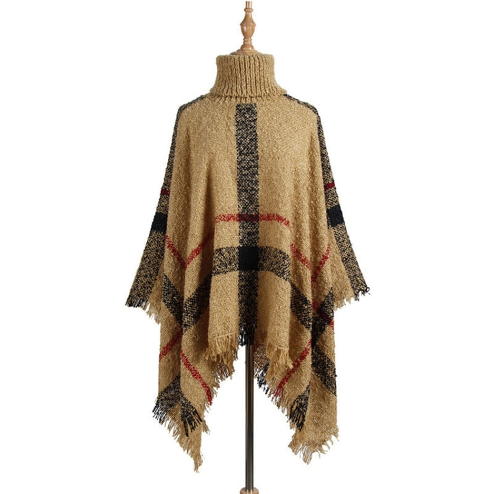 Women Mid-Length Turtleneck Sweater Fringed Cloak Shawl, Free Size