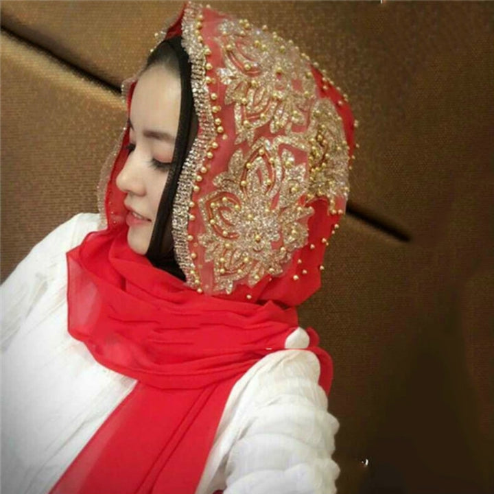 Women Chiffon Beaded Long Headscarf, 170cm