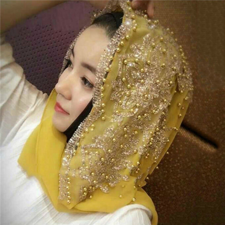 Women Chiffon Beaded Long Headscarf, 170cm