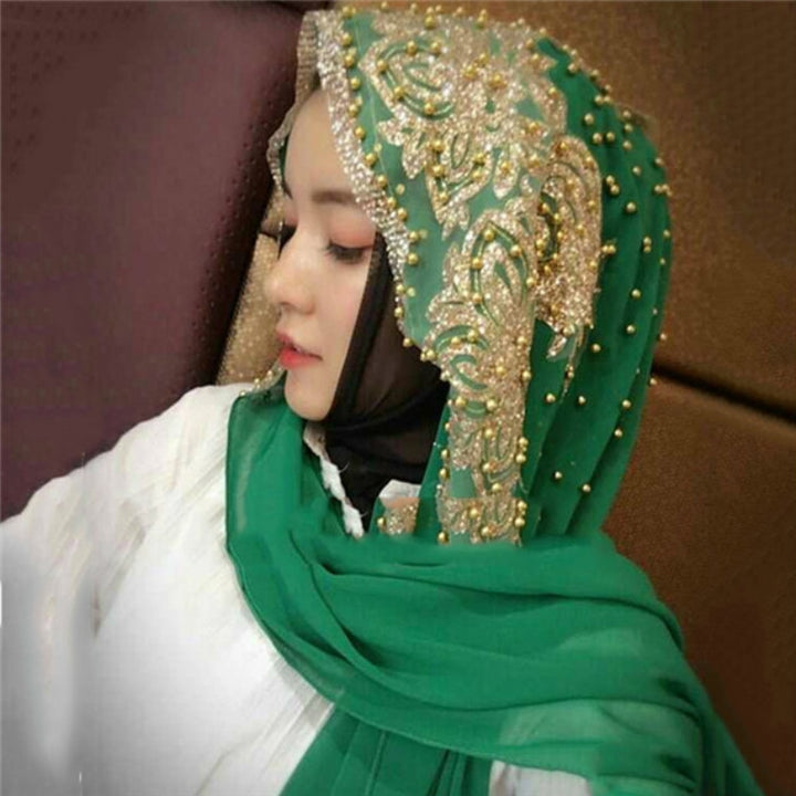 Women Chiffon Beaded Long Headscarf, 170cm