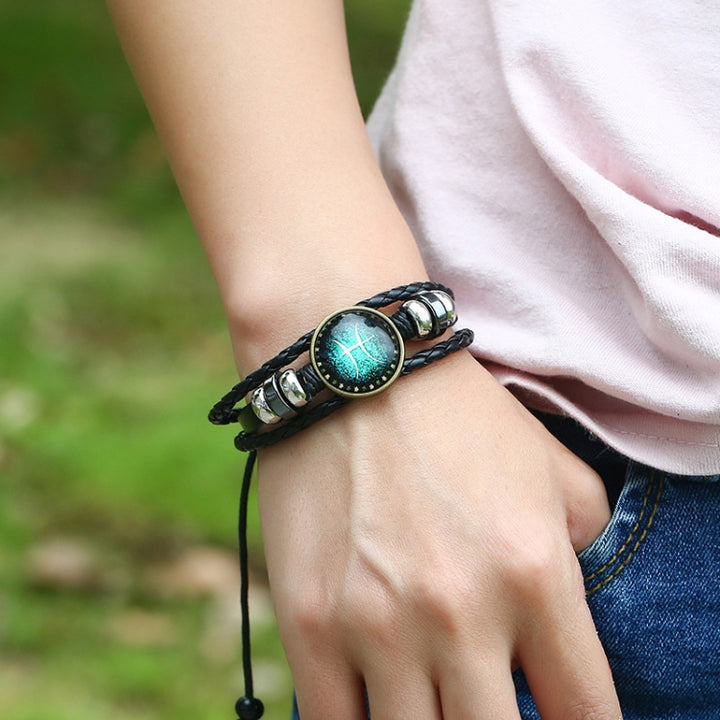 Constellations Couple Retro Weave Bracelets Leather Beads Bangle Bracelet, Taurus, Cancer, Capricornus, Sagittarius, Leo, Pisces, Gemini, Aquarius, Libra, Aries, Scorpio, Virgo