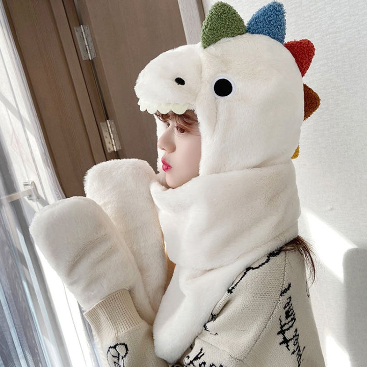 C0215 Adult Dinosaur Cartoon Velvet Hat Thickened Warm Scarf Hat, One Size