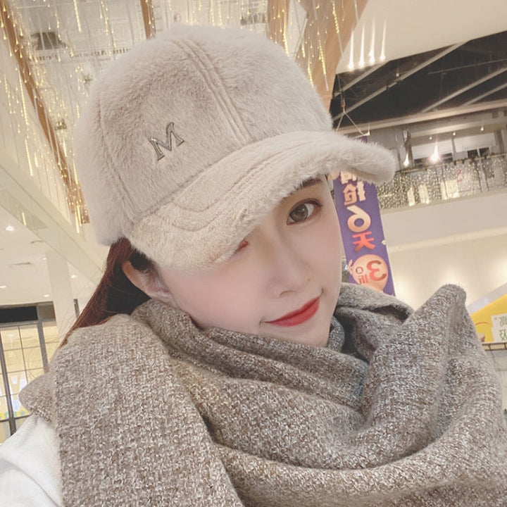 Women Autumn and Winter Thickened Rabbit Fur Plush Baseball Cap Curved Brim Warm Cap, Adjustable