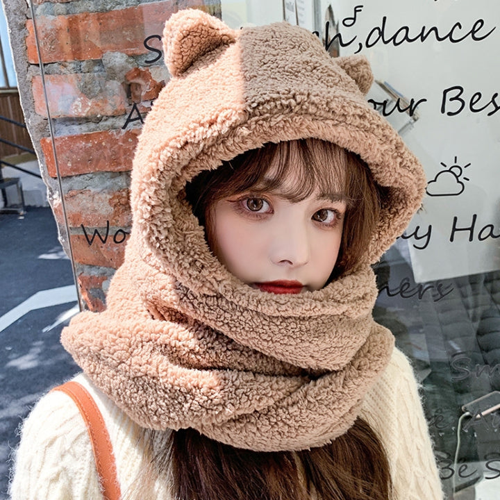 Ladies Autumn and Winter One-piece Plush Warm Bear Hat Scarf, One Size