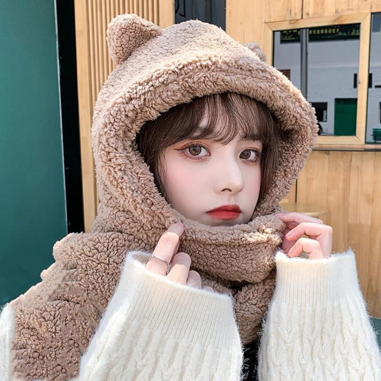 Ladies Autumn and Winter One-piece Plush Warm Bear Hat Scarf, One Size