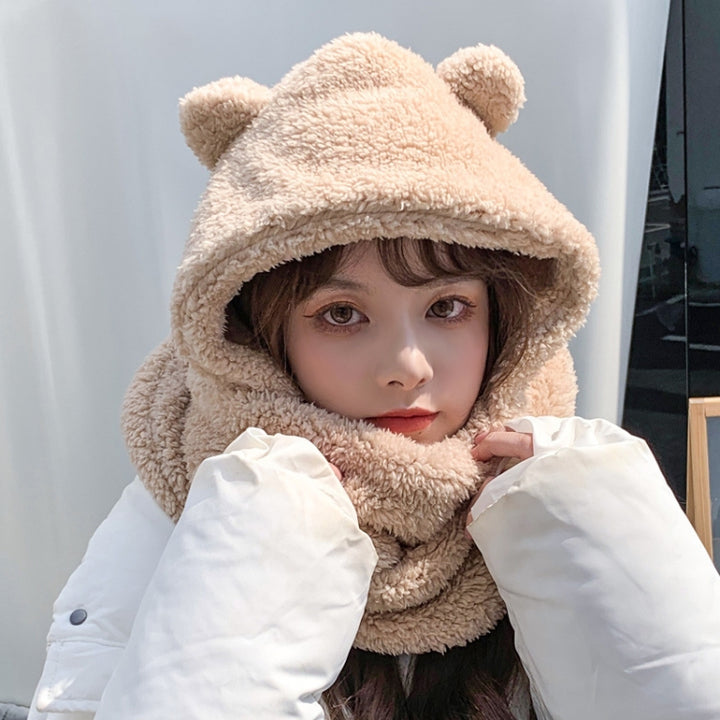 Ladies Autumn and Winter One-piece Plush Warm Bear Hat Scarf, One Size