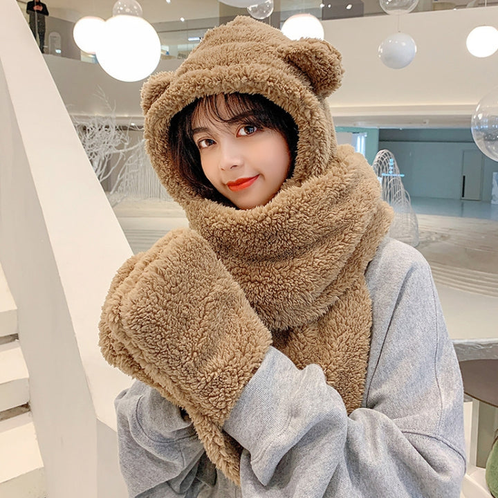 Ladies Autumn and Winter One-piece Plush Warm Bear Hat Scarf, One Size