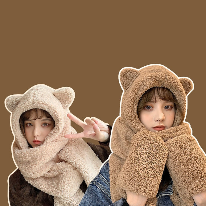 Ladies Autumn and Winter One-piece Plush Warm Bear Hat Scarf, One Size