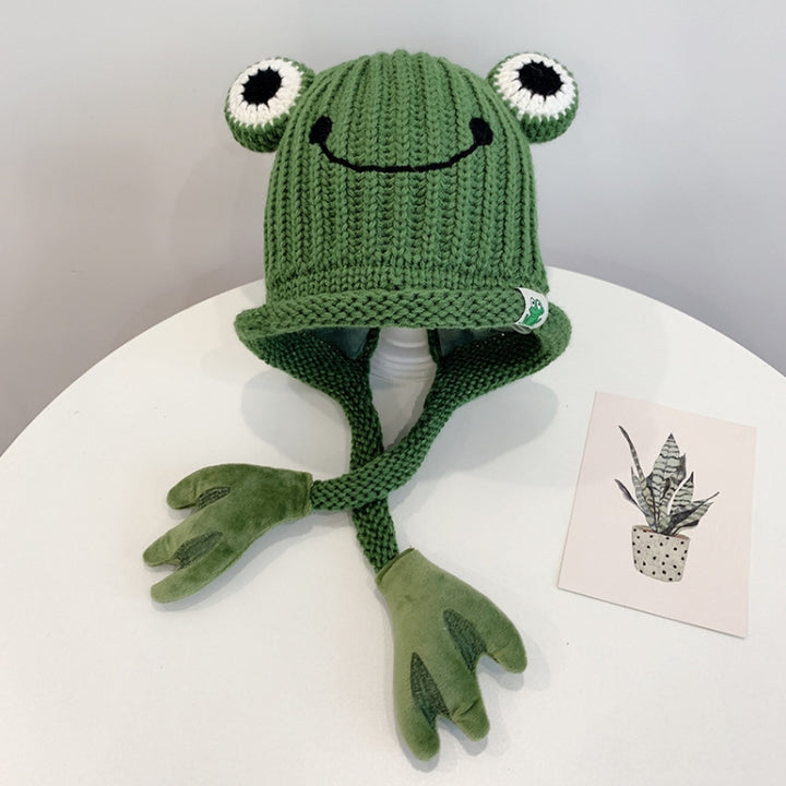 Children Cartoon Frog Woolen Hat Warm Knitted Hat Bomber Hat, For 1-3 Years Old