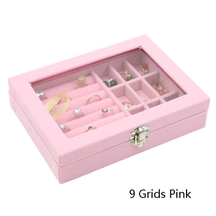 Home Glass Lid Flannel Storage Jewelry Box With Lid, 9 Grids Pink, 9 Grids Ice Grey, 3 Grids Ice Grey