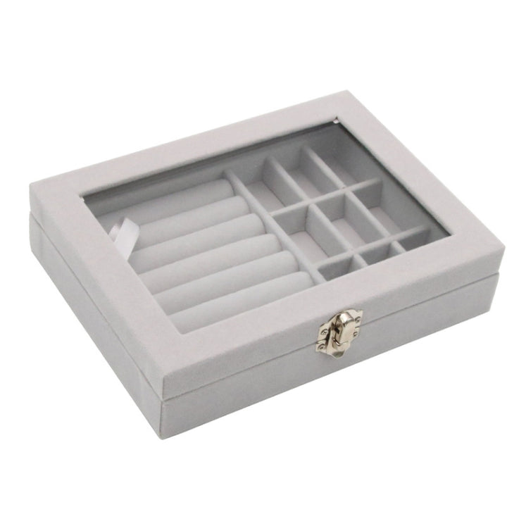 Home Glass Lid Flannel Storage Jewelry Box With Lid, 9 Grids Pink, 9 Grids Ice Grey, 3 Grids Ice Grey