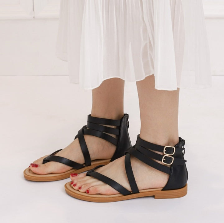 Ladies Summer Strappy Cross Sandals Roman Style Low-Heeled Retro Shoes, 36, 37, 38, 39, 40, 41, 42