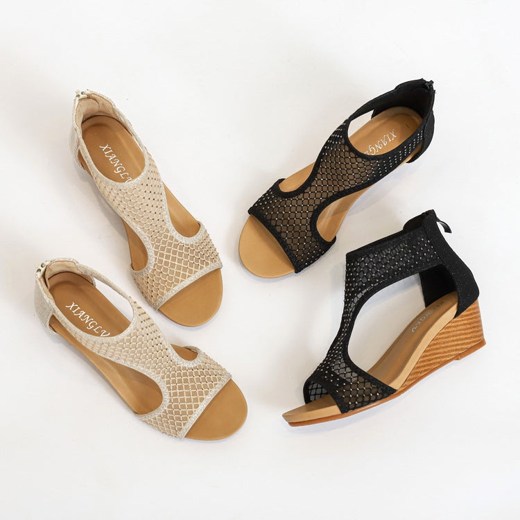 Ladies Summer Sandals All-Match Casual Mesh Thick Sole Wedge Heel Shoes, 36, 37, 38, 39, 40, 41, 42