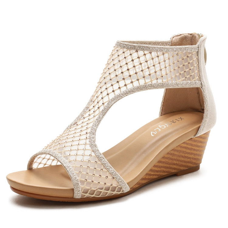 Ladies Summer Sandals All-Match Casual Mesh Thick Sole Wedge Heel Shoes, 36, 37, 38, 39, 40, 41, 42